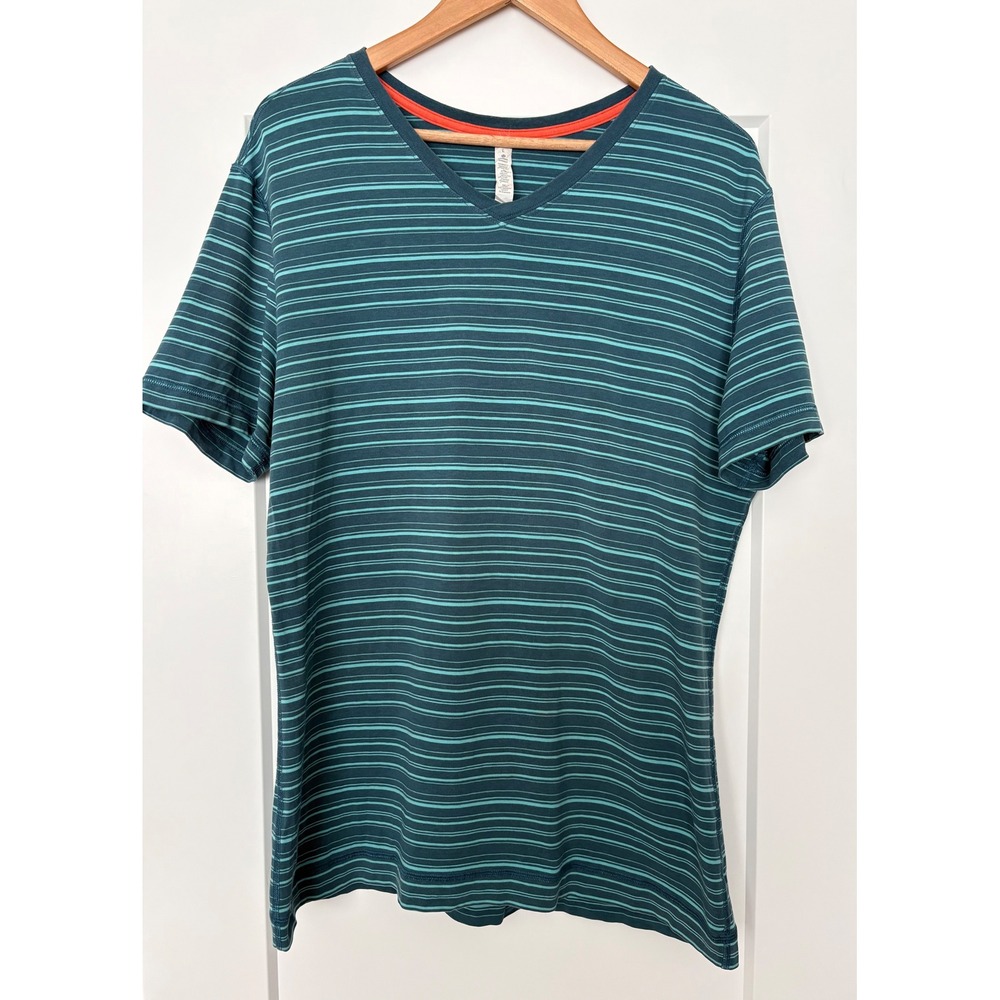 Lululemon Mens 5 Year Basic V-Neck Pima Cotton Striped Short Sleeve‎ Teal Blue L